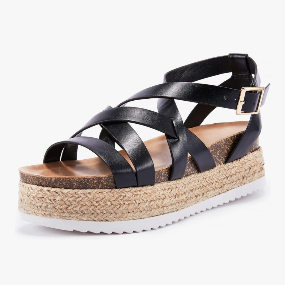 LAICIGO Platform Espadrille Sandals Wedge Strappy Buckle Ankle Wrap Shoes NIB
